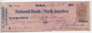 1866 RN-B5 2 cent bronze eagle revenue imprint C.C. Parks New York check [6514.8 - Picture 1 of 3