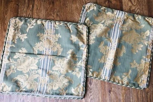 duck egg blue cushion covers pair vintage 15" by 15" piped edge gold - Picture 1 of 13