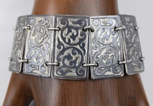 Niello Articulated Sterling Silver Cuff Bracelet 7" Long 1-1/4" Wide Beautiful - Picture 1 of 15