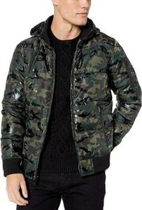 GUESS Men's Hooded Camo Print Puffer Jacket in Olive Camo Size XXL - Picture 1 of 24