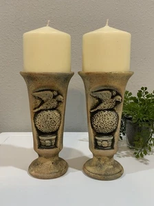 Vtg Ceramic Cream Black Dove Cherub Angel Pedestal Pillar Candle Holder Set - Picture 1 of 7