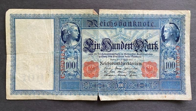 Authentic Historical Germany 100 Mark 1910 Red Seal Banknote - 112 Years Old - Image 1 of 2