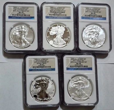 2011 5 монета 25-летие набор с обратный доказательство серебряный орел NGC PR69 MS69 - Изображение 1 из 4