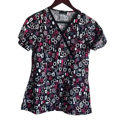 Cherokee Women Scrub Top XS Black Geometric Medical Uniform Nurse Workwear - Image 1 of 4