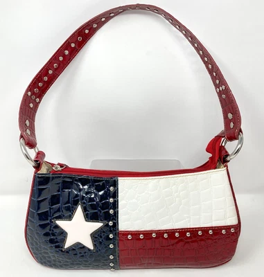Bolso Vintage Bandera de Texas TX Estrella Solitaria Rojo Blanco Azul Tachonado Rodeo Western Cartera Foto 1 de 4