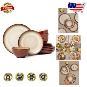 Chic Brown Yellow Stoneware Dinnerware Set for 4 - Dishwasher and Microwave Safe - Picture 1 of 9