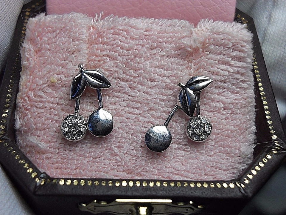 Juicy Couture Crystals Silvertone Cherry Stud Earrings Moveable Yjru0548