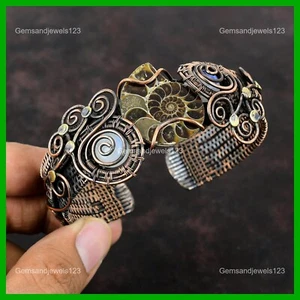 Natural Ammonite Fossil Rainbow Moonstone Wire Wrapped Wife Cuff Jewelry Copper - Picture 1 of 6