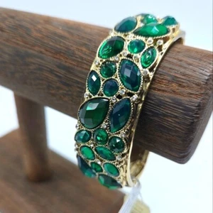 NWT Designer 1928 Green Rhinestone Bracelet 2028 Collection Gold Tone Clamper - Picture 1 of 6