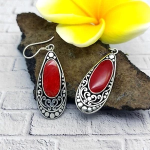 Pendientes colgantes de coral de plata esterlina 925 para mujer joyería fina - Imagen 1 de 5