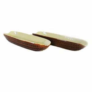 Vintage 2 Mid-Century Earthenware Corn on the Cob Holders Dishes Bowls 9" Long - Picture 1 of 5
