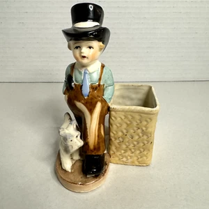 Vintage Boy with Schnauzer Planter Japan Dog Small Top Hat Overalls - Picture 1 of 16
