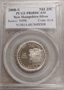2000-S NH 25C PCGS PR68DCAM NEW HAMPSHIRE SILVER SERIES 39 PR COIN 61 A TP-3150 - Picture 1 of 2