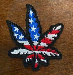 Iron on Patch Marijuana Leaf Weed with American Flag Star - Size 3" x 2.5" - Picture 1 of 2