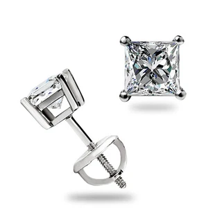 1.10 Ct Princess Cut Moissanite Stud Earrings Screwback Real 14k White Gold Gift - Picture 1 of 13