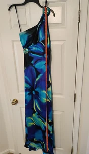 Hailey Logan Adrianna Papell Blue One Shoulder Blue Gold Sequin Accent Dress 3/4 - Picture 1 of 11