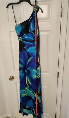 Hailey Logan Adrianna Papell Blue One Shoulder Blue Gold Sequin Accent Dress 3/4 - Image 1 of 4