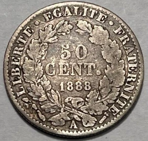 FRANCE - Silver 50 Centimes - 1888A (Paris) - Km-834.1 - FREE USA Shipping! - Picture 1 of 2