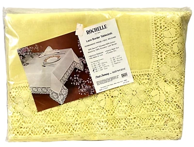 Vtg Sunweave Linen Rochelle Lace Border Tablecloth Yellow 60X104 Oblong USA Made - Image 1 of 4