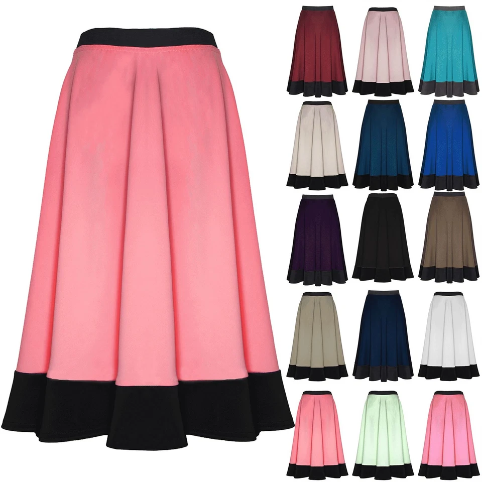 Ladies Womens Scuba Midi Skirt Mid Length Stretch Flared Swing Skater Long Skirt - Image 1 of 1