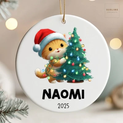 Enfeite de gato de Natal personalizado | Decoração de enfeite de gato fofo com chapéu de Papai Noel - Imagem 1 de 4