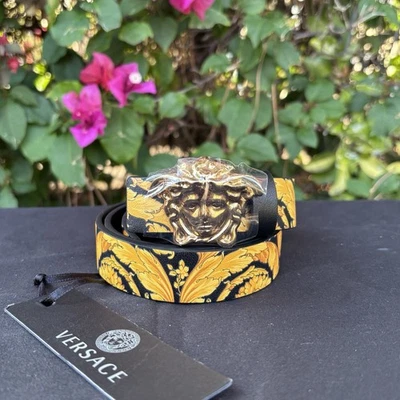 NWT $310 Versace Medusa Baroque Leather Belt Kids Teen Unisex Black Yellow Sz M - Image 1 of 4