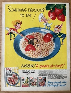 50er Jahre KELLOGG’S Rice Krispies Frühstück MÜSLI GROSSE WERBUNG & Erdbeeren - Bild 1 von 2