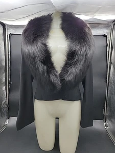 Richard Tyler Couture Black Wool Pant Suit w/ Removable Fox Collar Size 4 - Picture 1 of 10