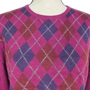 Lands End Pullover Sweater PL Purple Red Blue Argyle L/S 100% Cashmere Petite - Picture 1 of 6