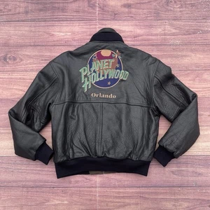 Vintage 90s Planet Hollywood Men's Black Leather Reversible Bomber Jacket Size S - Picture 1 of 19
