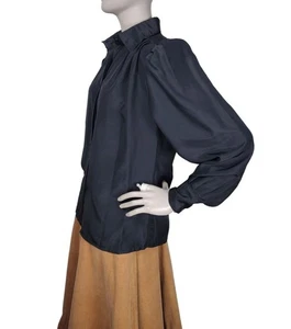 Vintage 80s Black High Puffed Pleated Shoulder Balloon Sleeve Button-Down Blouse - Picture 1 of 8