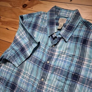 LL Bean Linen Shirt Mens 2XL Blue Plaid Coastal Beach Vacation Lightweight Camp - Picture 1 of 7