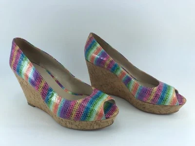 Rainbow Nine West Wedge Peep Toe Cork Womens 10 Blue Pink Shoes Heels - Image 1 of 4