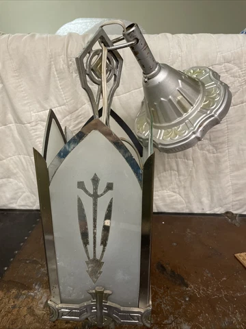 Antique Art Deco Silver Metal Single Light Pendant Ceiling Fixture READ Cover