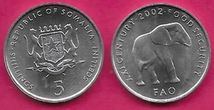 SOMALIA 5 SHILLINGS/SCELLINI 2002 UNC ELEPHANT WALKING RIGHT,1 YEAR TYPE,CROWNED - Picture 1 of 1