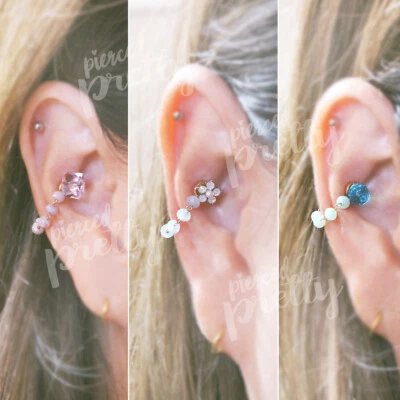 16g Opal flower chain conch chain cartilage earring, conch hoop helix chain hoop - Image 1 of 4