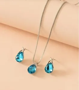 3pcs Set Blue Crystal Water-drop Silver Metal Decor Pendant Necklace Earrings - Picture 1 of 3
