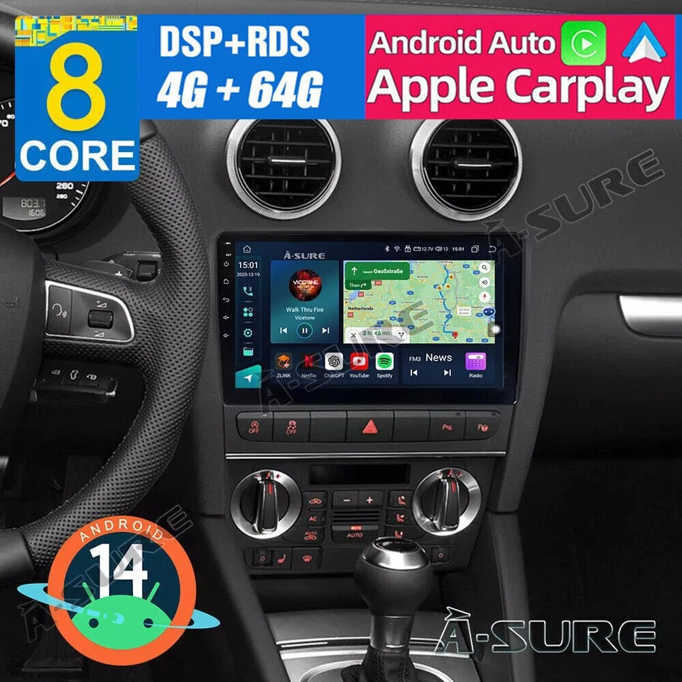 A-Sure Android 14 Autoradio CarPlay DAB Kam GPS Für Audi A3 S3 8P 8V 2003-2013