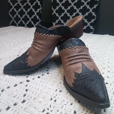 Ariat Mules Wedge Women 8 B Brown Embossed Leather Western Boho Slip On Shoes  - Image 1 of 4