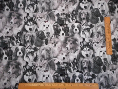 Cotton Fabric Half-Yard Gray Realistic Dog Breeds Puppy Dogs Elizabeths Studio - Image 1 of 2