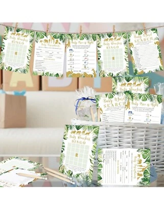 Juegos Baby Shower - Juego de 4 juegos para 25 invitados - Tarjetas de doble cara - Eucalipto Foto 1 de 4