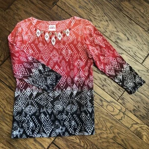 Ruby Rd Favorites Beaded Knit Top 3/4 Sleeve Aztec Southwest Ombré Medium - Picture 1 of 6