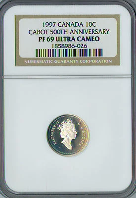 1997 CANADA SILVER 10 CENTS CABOT 500 ANN. NGC PF69 UCAM FINEST GRADE . - Image 1 of 4