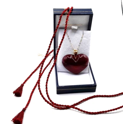 LALIQUE 9CT GOLD  RED  HEART WITHIN A HEART MATCHING SILK CORD NEW BOXED - Image 1 of 4