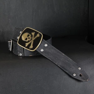 Gitarrengurt aus gealtertem Leder. Maßgeschneiderte Schädelschnalle. 1 3/4 Zoll breit. SCHWARZ - Bild 1 von 8