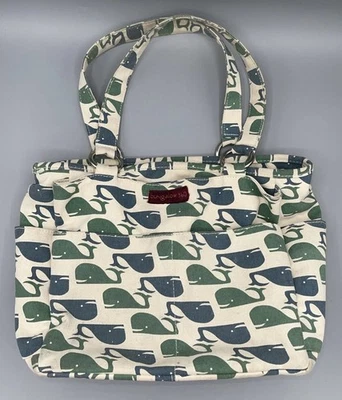 Cartera/bolso de lona CLÁSICO Bungalow 360 verde ballena azul bolsillos asa superior Foto 1 de 4