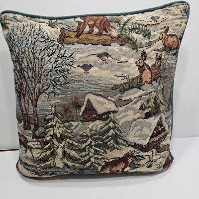 Tapiz de colección escena de invierno almohada rústica cabaña zorro ciervo 14'X14" Lodge Foto 1 de 4