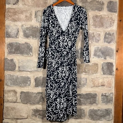 Diane Von Furstenberg Black White Print Wrap Dress Size Small Long Sleeve - Image 1 of 4