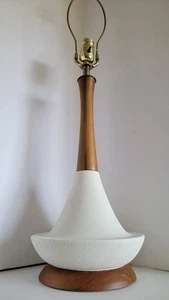 Vtg Mid Century Danish Modern White Ceramic Saucer & Sculpted Wood Table Lamp - Picture 1 of 6