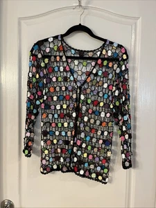 Women Size Medium?? Crochet Cardigan Black Multi Color Evening Wear Cocktail - Picture 1 of 5